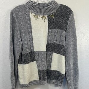 Alfred Dunner Gray Patchwork Sweater beaded womens PXL knit long sleeve multi